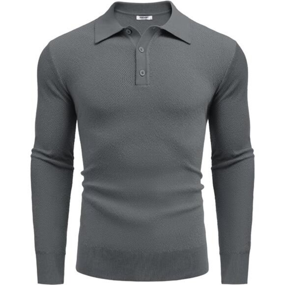 Mens Knit Polo Shirt Long Sleeve Casual Plain Waffle Textured Collared Sweater - Picture 4 of 6